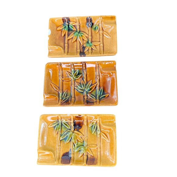 1960s MCM Ceramic Bamboo Style Ashtray Set of 3 with holder Lidded Made in Japan - Picture 7 of 16
